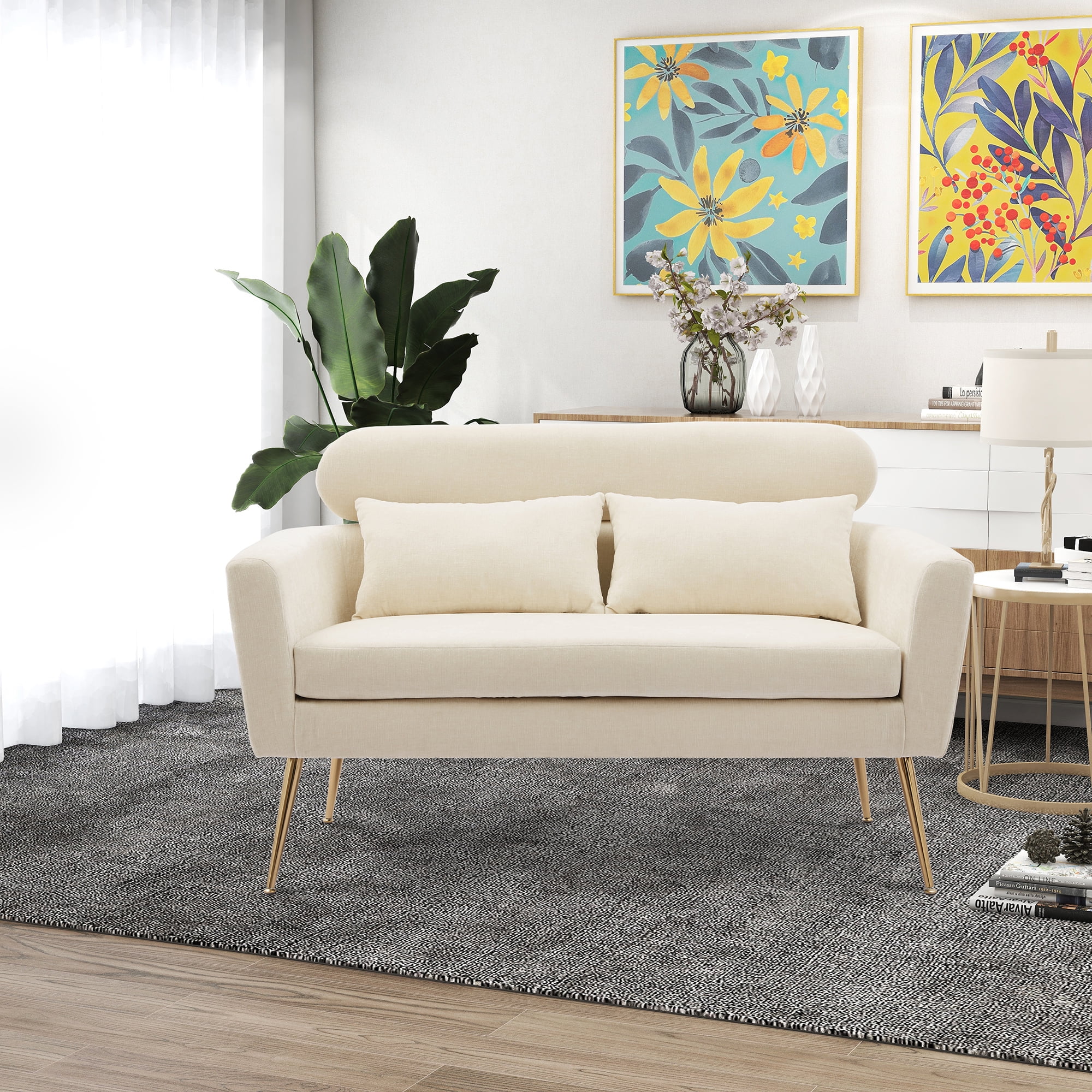HUTWIFE Mid Century Modern Chenille Sofa with 2 Throw Pillows and Gold Metal Legs, Two-Seater Sofa Loveseat Sofa Small Couch for Bedroom, Small Space Office, Apartments