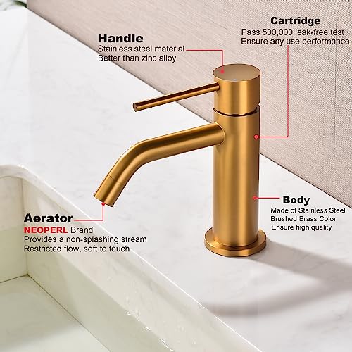 Brushed Gold Vessel Sink Faucet with Pop Up Drain and Supply Lines, Stainless Steel Gold Vanity Faucet Single Hole, JXMMP Single Handle Bathroom Faucet Gold, JXM1001BG