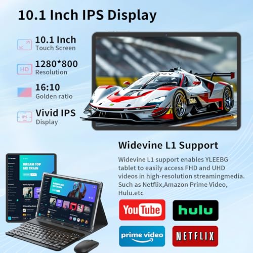 Android 15 Tablet with Keyboard, 26GB+256GB(2TB Expand), 10.1 Inch Tablet 8000 mAh Battery, BT 5.0, 5G WiFi, Widevine L1, Dual Camera, 2 in 1 Tab with Mouse, Case, Stylus(Black)