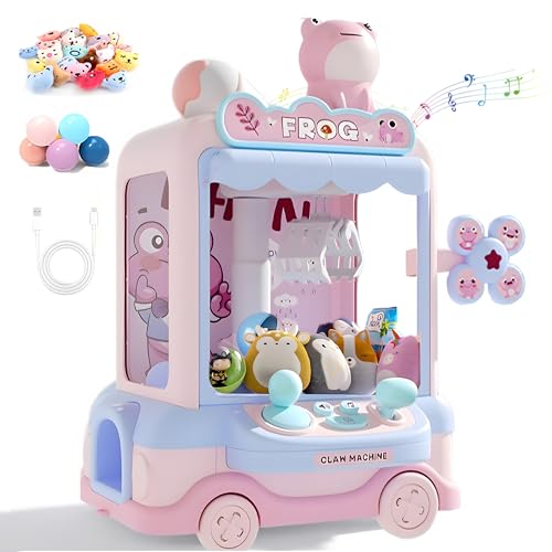 Mini Claw Machine Toy, Pink Frog Theme, Arcade Style Game with Wheels (Pink)