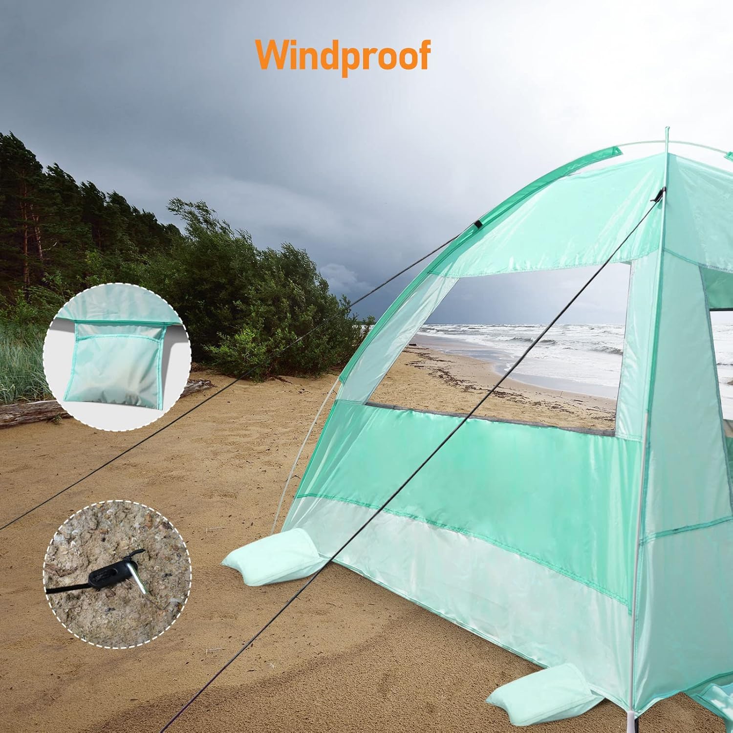2 Person Pop Up Beach Tent, Anti-UV Beach Shelter, Easy Step Up, 3 Mesh Windows and 6 Sandy Bags, Keep Your Beach Trip Cool(Green)