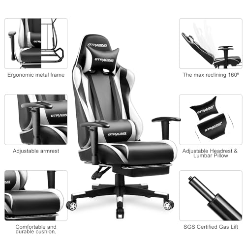 GTRACING Gaming Chair with Footrest, Ergonomic Computer Game Desk Chair, Reclining Game Chair Seat Height Adjustment, Swivel Rocker with Headrest and Lumbar (Blue)