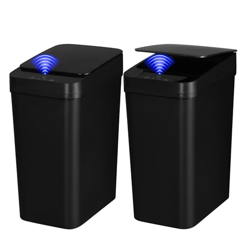 2 Pack Bathroom Trash can,Smart Touchless Trash Can,Automatic Motion Sensor Trash Bin with Lid,2.4 Gallon Garbage Can, Kitchen, Bathroom, Office, Bedroom Trash can (Black+Black)