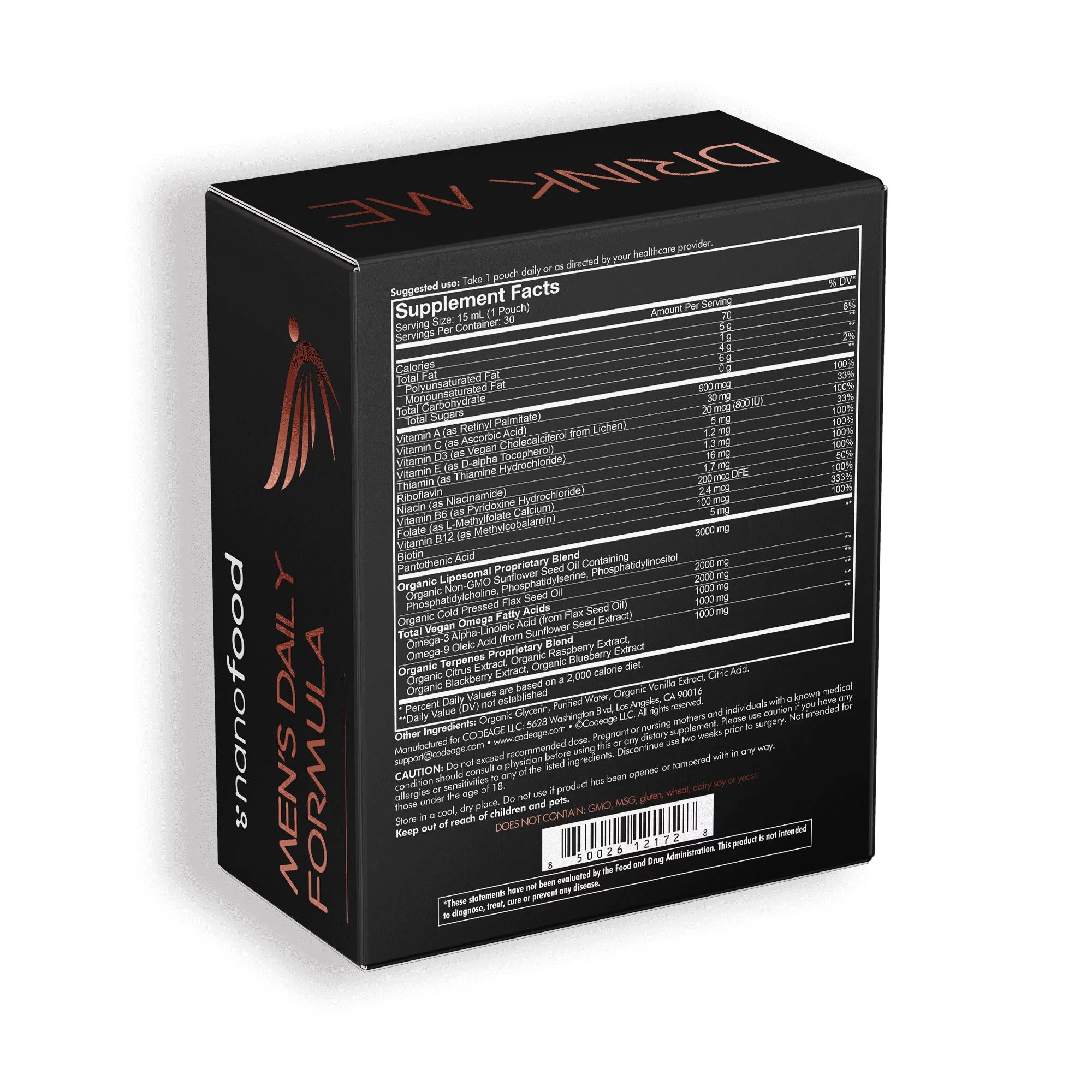 Codeage Nanofood Men's Daily Multivitamin Liquid Supplement, Vitamins A B C D3 E, Omega-3, Terpenes, Liposomal Delivery, Sugar-Free, 30 Pouches