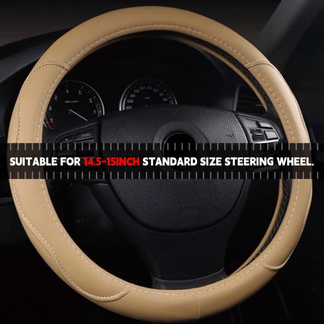 Leather Car Steering Wheel Cover, Soft Breathable Anti-Slip Waterproof Automotive Steering Wheel Protector for Men Women, 14.5-15 Inch Universal for Most Vehicles Trucks SUVs RVs（Beige）