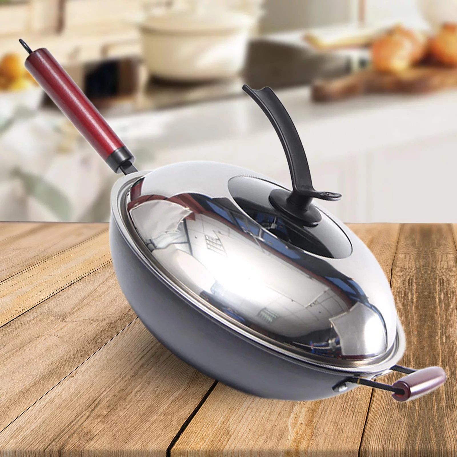 Kitchen -coated Wok with Lid Skillet Frying Pan with Cover IH Compatible Gas , as the picture, 30cm