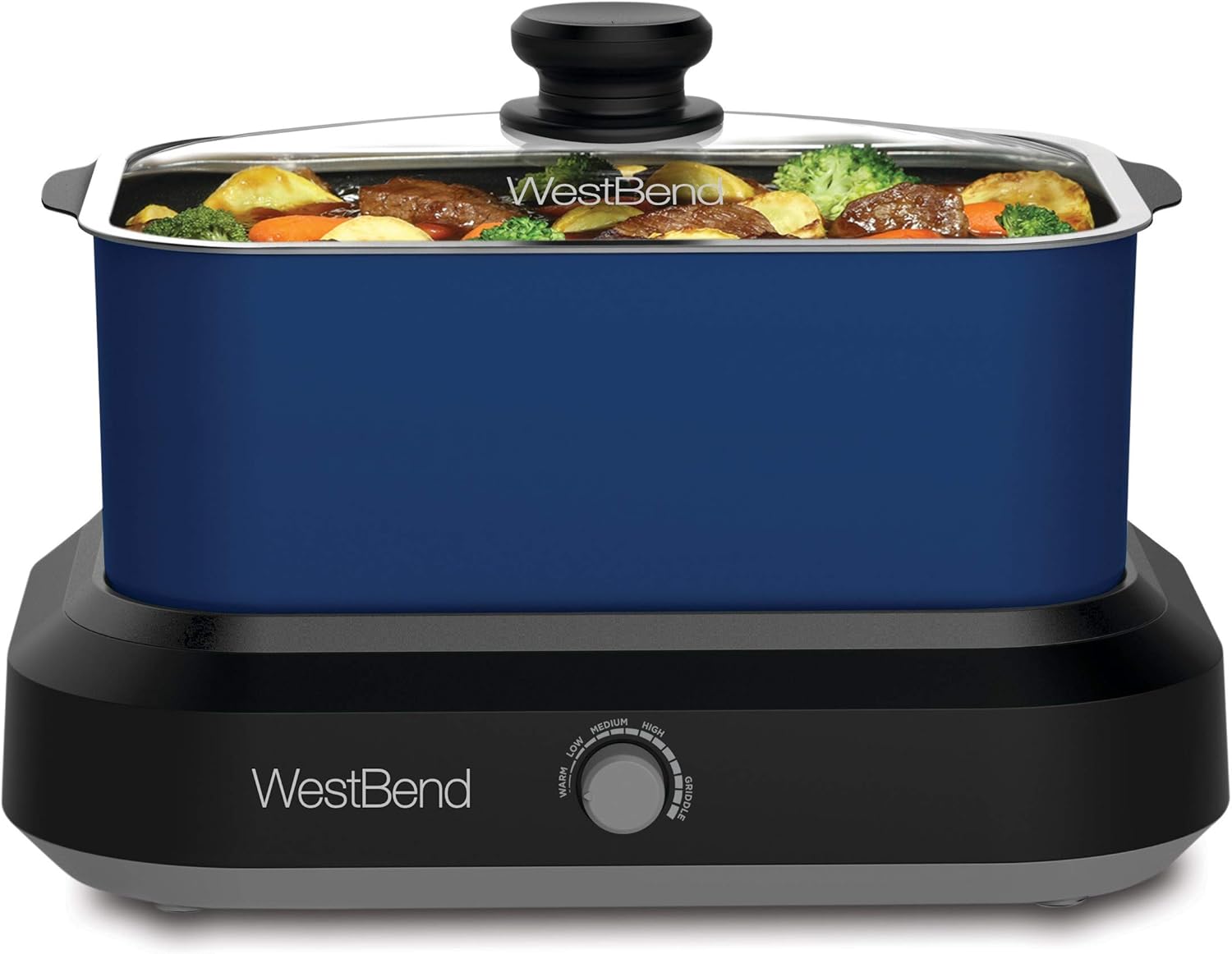 West Bend 87905 Versatility Slow Cooker Large Capacity Non-stick Dishwasher Safe Variable Temperature Control Includes Travel Lid & Thermal Carrying Case, 5-Quart, Silver