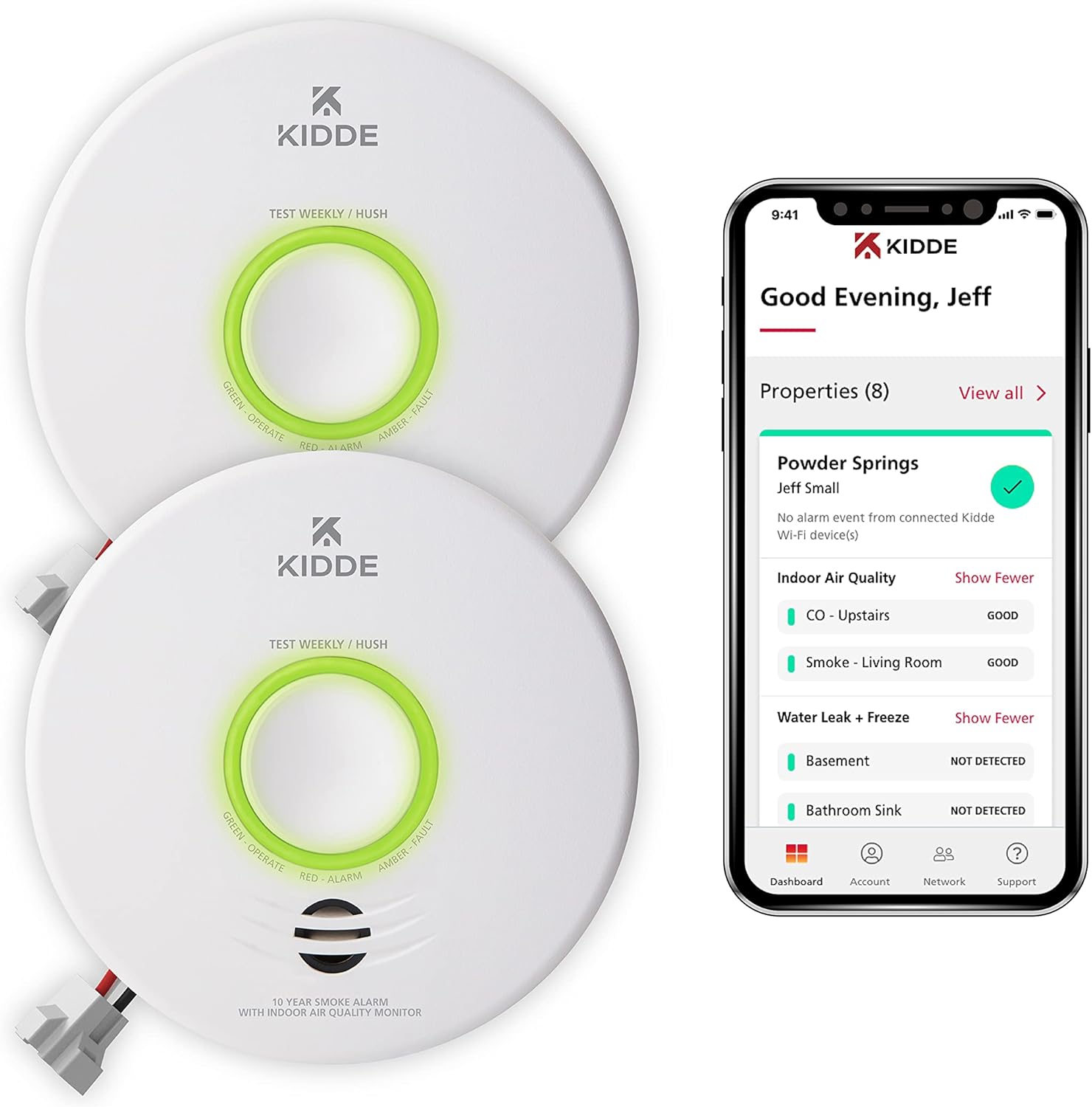 Kidde Smart Smoke Detector & Indoor Air, Quality Monitor, WiFi, Alexa Compatible Device, Hardwired w/Battery Backup, Voice & App Alerts, 2 Pack