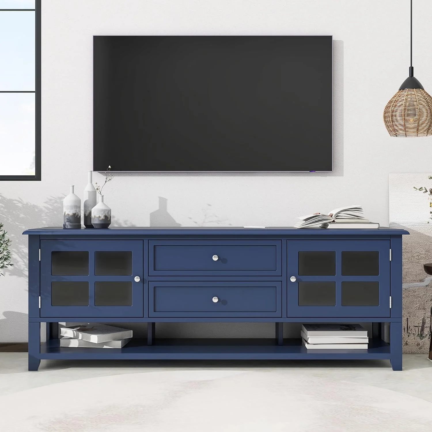 TV Stand For Tvs Up To 60'',TV Cabinet Media Console Table With Bottom Shelf,Entertainment Center With 2 Drawers And Doors Cabinet For Living Room,Bedroom(Blue)