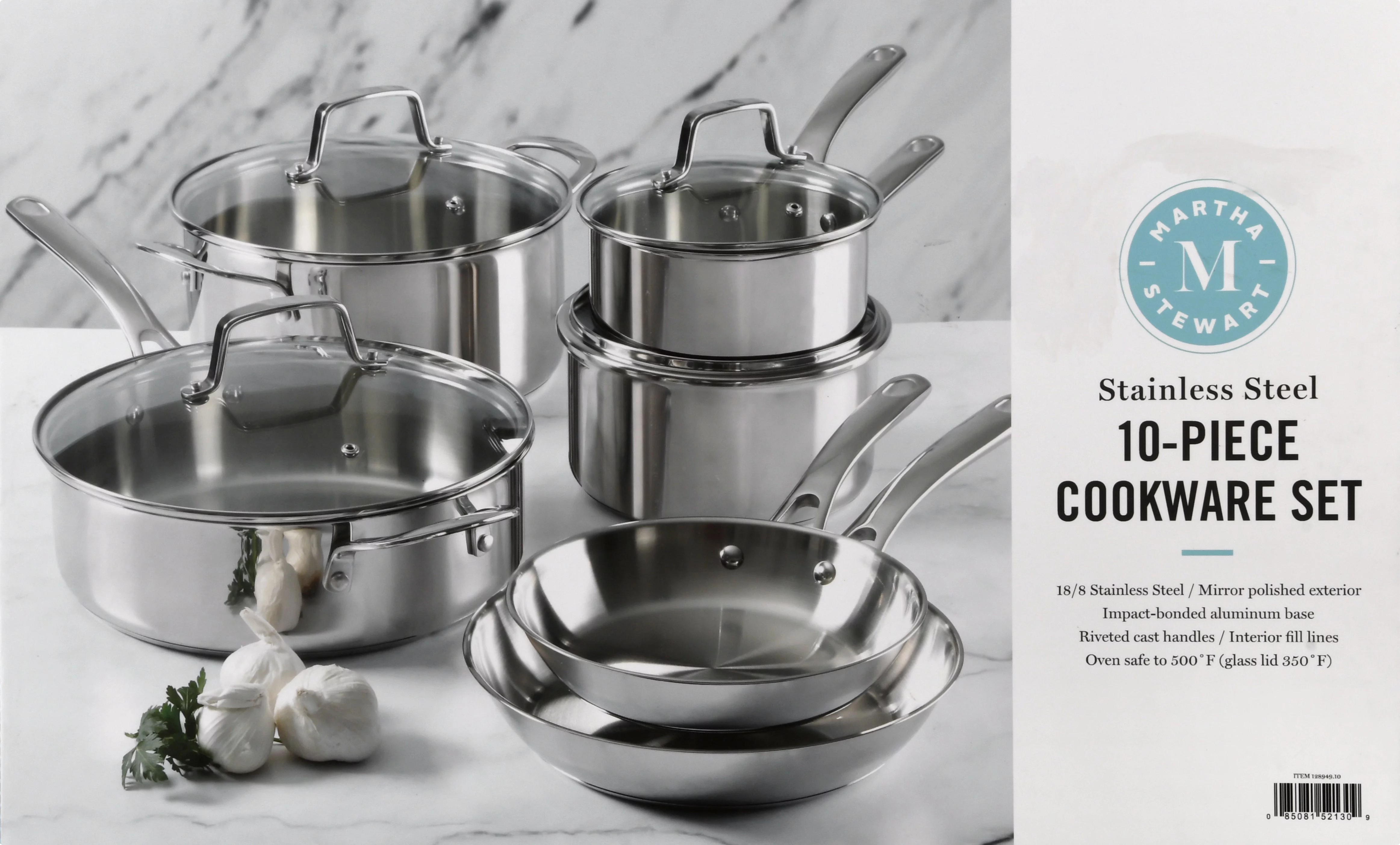 Martha Stewart 10pc Cookware Set, Polished Exterior Stainless Steel Pots and Pans