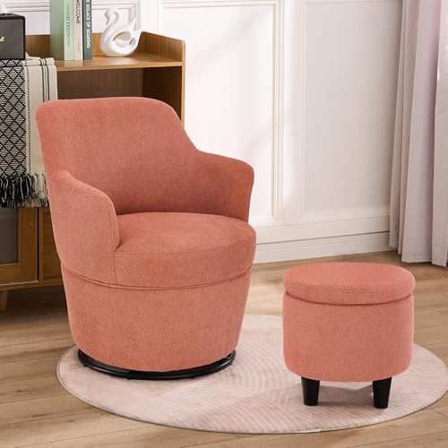 360° Swivel Accent Chairs with Ottoman, Modern Comfy Fabric Barrel Living Room Chair, Leisure Bedroom Armchair with Footstool, Blue