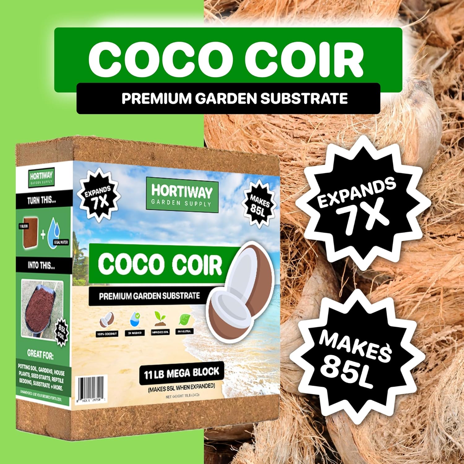 11lbs Premium Coco Coir Brick -100% Organic Coconut Coir for for Plants, Low EC & pH Balance, Natural Compressed Growing Medium, Coconut Core for Gardening Planting & Potting Soil Substrate