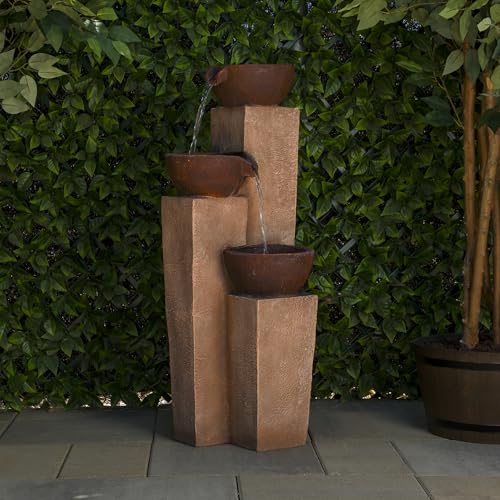 Alpine Corporation GIL1482 41” Outdoor 3-Tiered Weathered Stone Water Fountain with Natural Stone Look - Garden Water Feature for Patio, Lawn & Yard Decoration, Gray