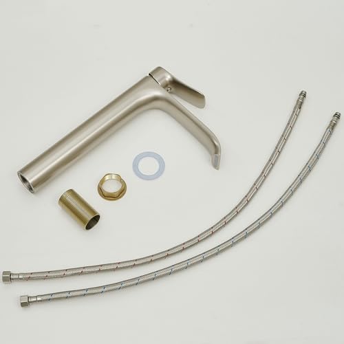 Tall Vessel Sink Faucet Bathroom Waterfall Faucet Brushed Gold Finished Single Handle Matte Black Vanity Bathroom Faucet Basin Mixer Tap with Water Supply Hose and Pop Up Sink Drain