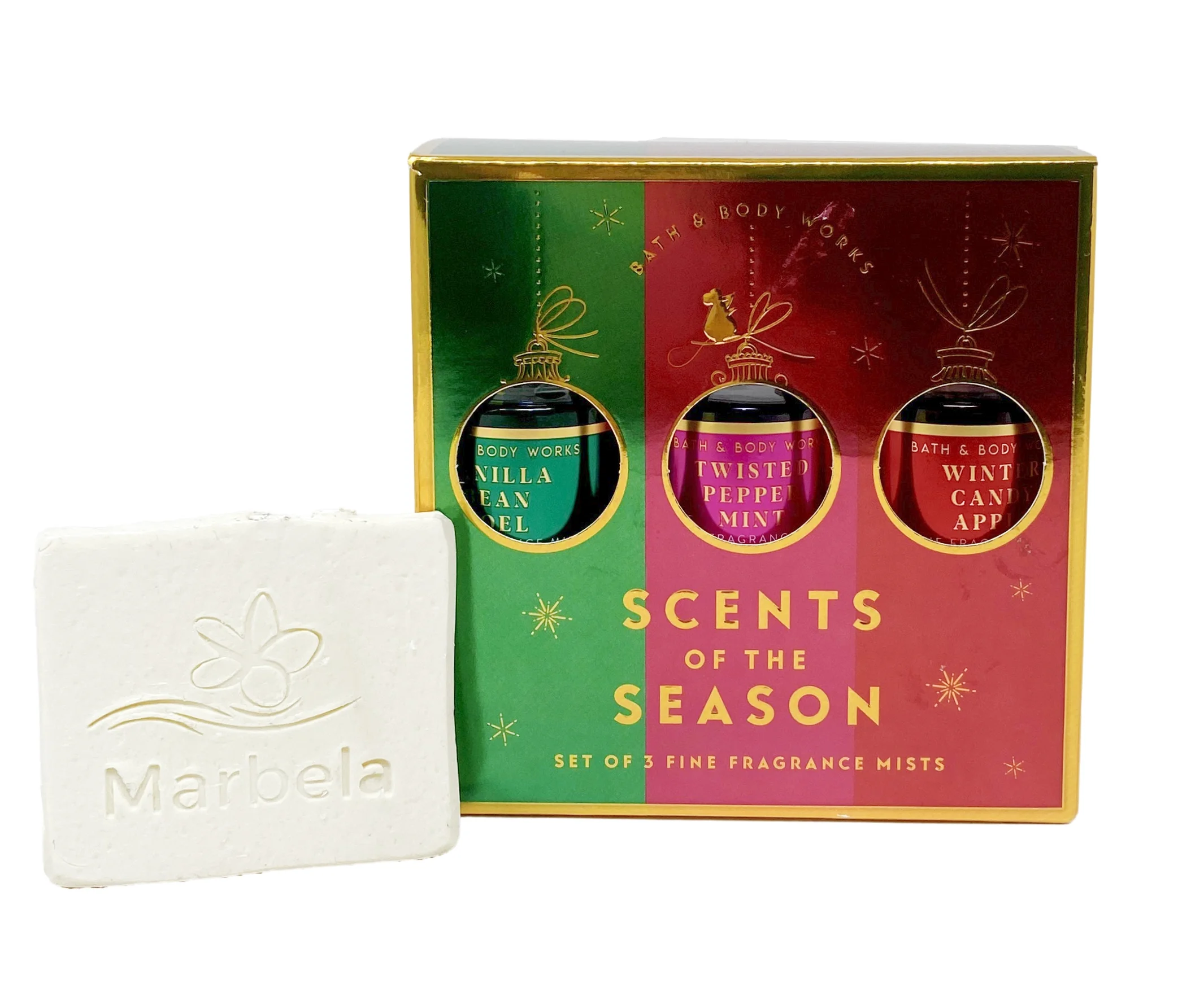 Bath & Body Works Scents of the Season Mini Gift Box Set of 3 Fragrance Mists Travel Size With a Natural Oats Sample Soap.