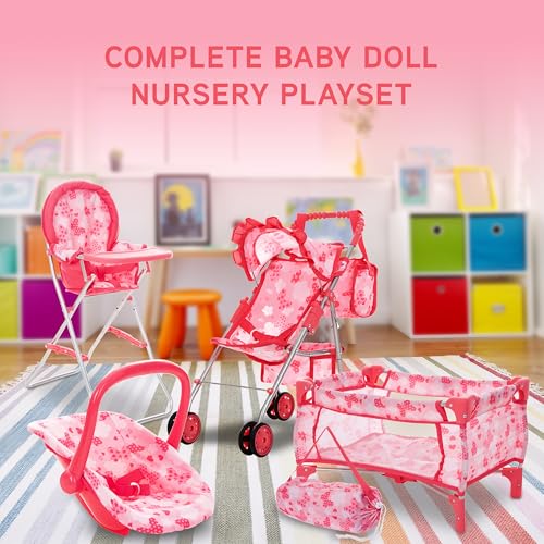 Dolls To Play Baby Doll Stroller Bed and Seat Nursery Playset, Accessories Furniture Set High Chair Diaper Bag Role Play Deluxe Set