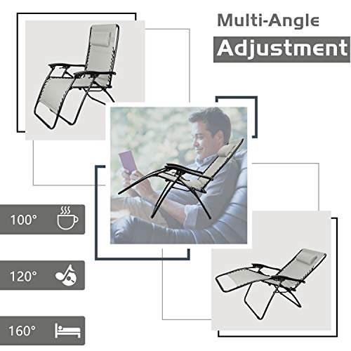 Greesum Zero Gravity Chairs Set of 2 Adjustable Steel Mesh Recliners Beach Deck Lawn Camping Patio Foldable Lounge Chair with Cup Holder Trays and Pillows,Brown