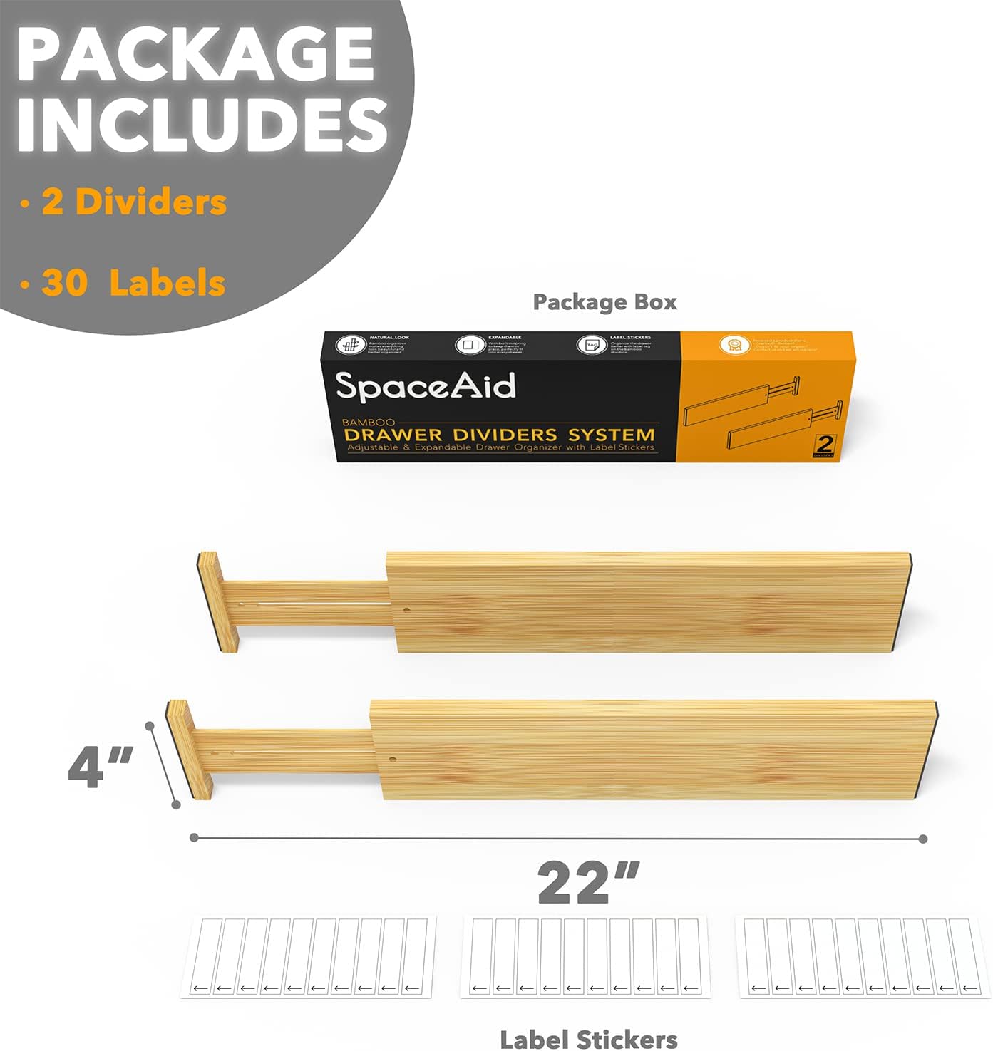 SpaceAid 4“ High Bamboo Deep Drawer Dividers with Labels, Kitchen Adjustable Drawer Organizers, Expandable Organization for Home, Office, Dressers and Bathroom, 2 Dividers (17-22 in)