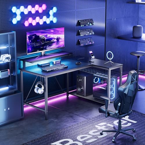Bestier Pink Computer Desk with Power Outlets,42 LED Small Gaming Corner Desk with Reversible Storage Shelves,L Shaped Desk with Headset Hooks Studying and Workstation Desk for Office and Bedroom