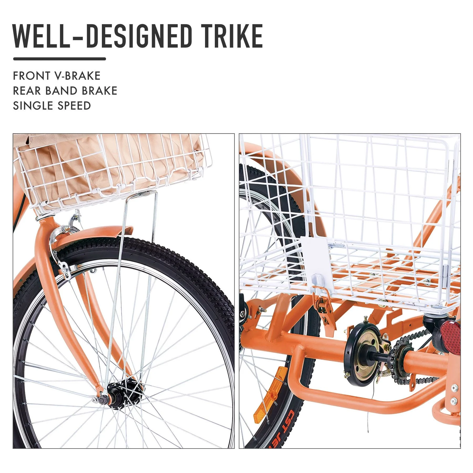 Viribus 26 Inch Single Speed Adult Tricycle 3 Wheel Bike with Removable Basket, Hybrid Beach Trike, Pink