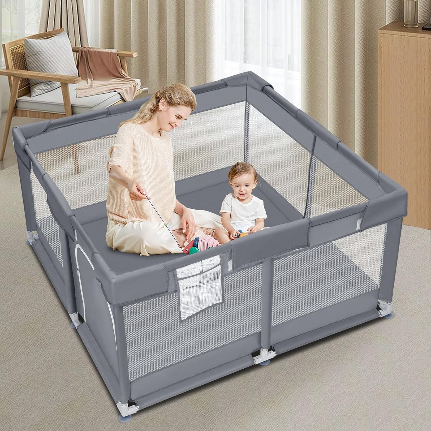 Baby Playpen 50x50 Inch, Playpen for Babies and Toddlers Baby Playpen Fence Playard Activity Center, without MAT included