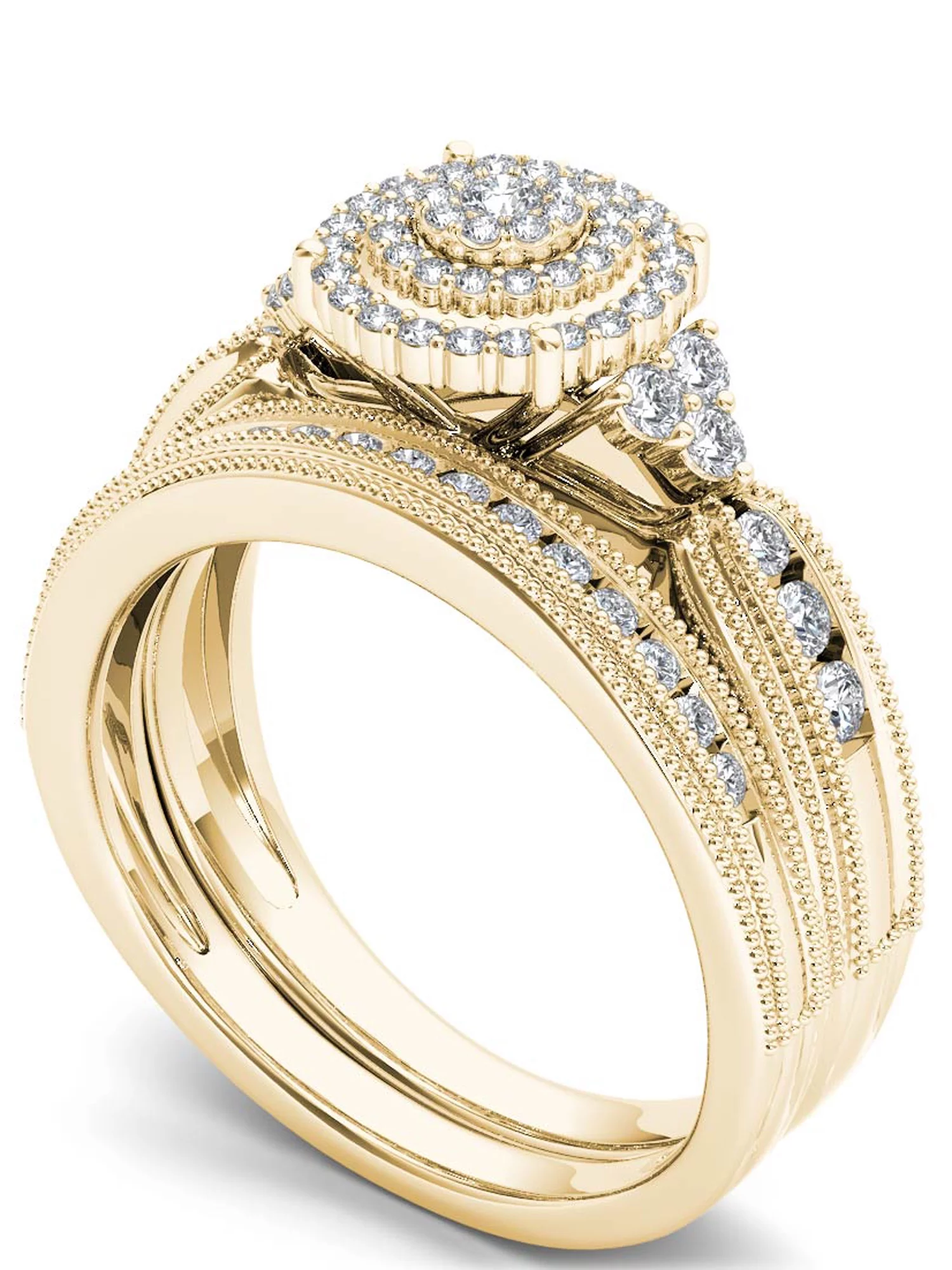 Imperial 1/2Ct TDW Diamond 14k Yellow Gold Cluster Halo Vintage Style Bridal Set (H-I, I2)