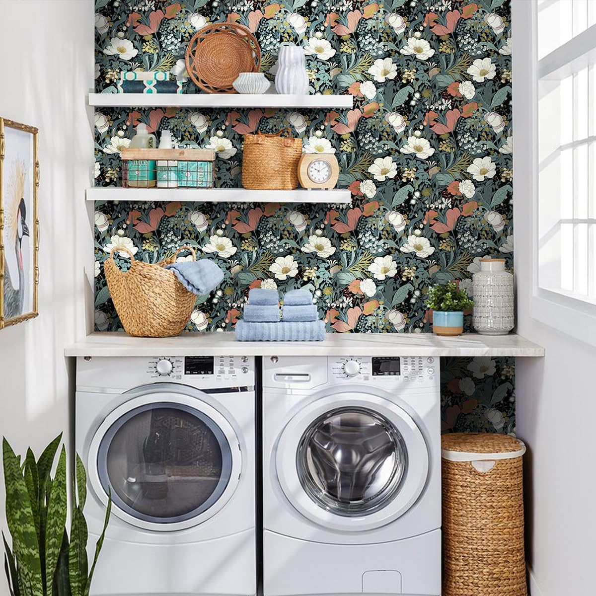 Jeweluck Vintage Floral Wallpaper Peel and Stick Wallpaper Floral Contact Paper 15.7inchx118.1inch Flower Wallpaper Green Leaf Wallpaper Removable Self Adhesive Wallpaper for Bathroom Decorative