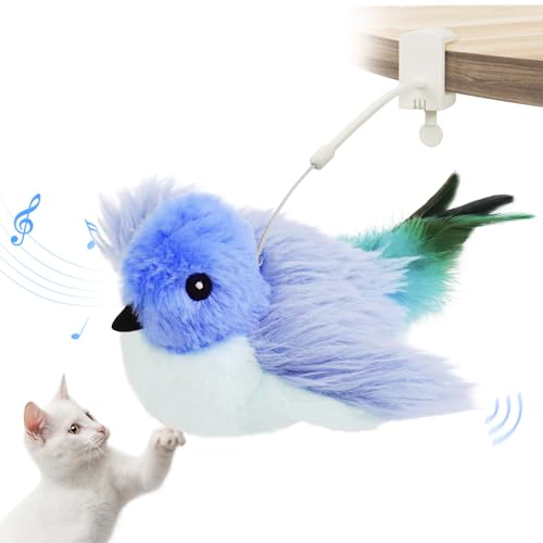 Migipaws Interactive Flapping Bird Cat Toys with Rod, clamp, Elastic String and Catnip, Automatic Chirping Toys for Indoor Cats to Chase, Hanging Feathers for Kitten to Self Play,Rechargeable(Blue)