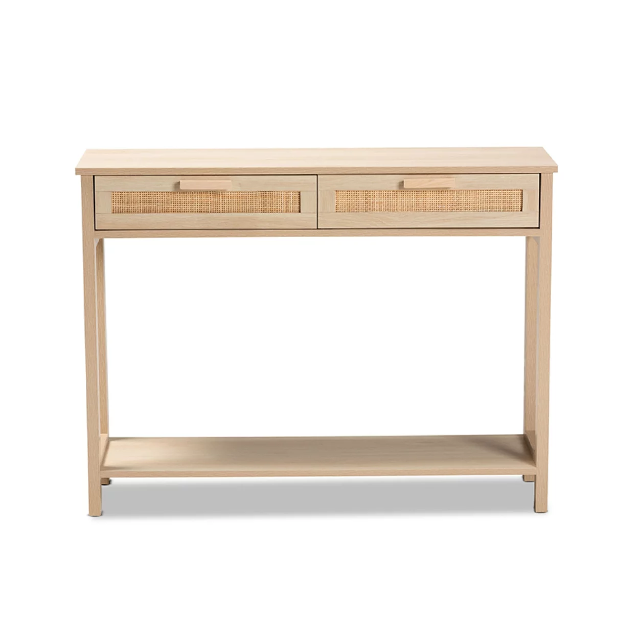 Baxton Studio Sebille Mid-Century Modern Light Brown Finished Wood 2-Drawer Console Table with Natural Rattan