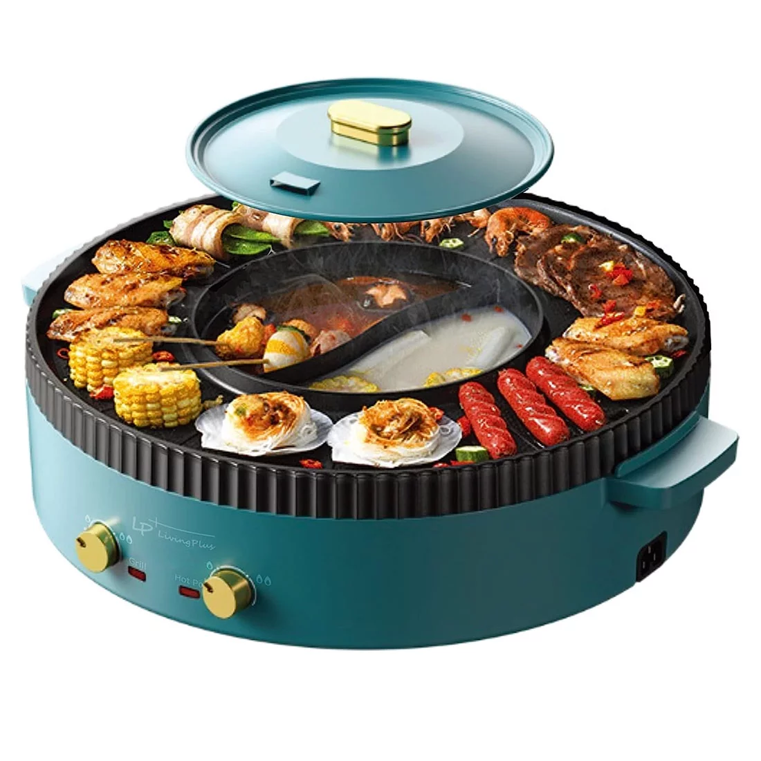 Lp Living Plus 2 in 1 Electric Grill and Hot Pot, Non-Stick Griddle for Korean BBQ, Shabu Shabu and Noodles