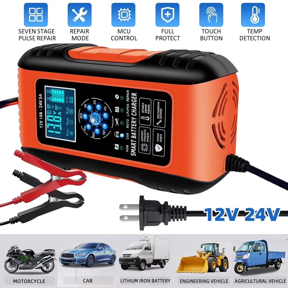 10A Car Battery Charger, 12V/24V Smart Automatic Battery Automotive 7-Stage Charging Battery Maintainer with Pulse Repair Function, Trickle Charger for Car Truck Motorcycle Lawn Mower Boat