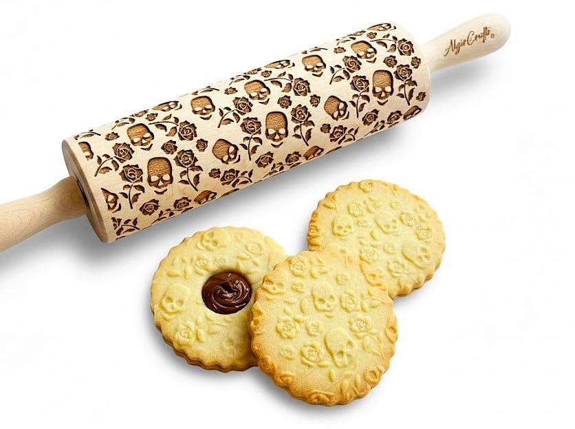 SKULL WREATH Embossing Rolling Pin with SKULLS, Spooky, Death's-head, Halloween Sugar. Laser Engraved Dough Roller for Embossing Homemade Halloween Cookies by Algis Crafts