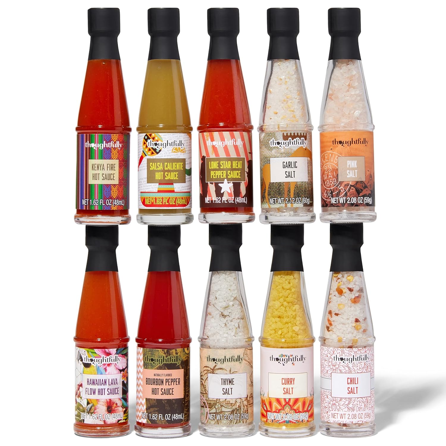 Thoughtfully Gourmet, Global Spice and Hot Sauce Collection Gift Set, Vegan and Vegetarian, 5 Sauces and 5 Salts in Suitcase Packaging, Set of 10