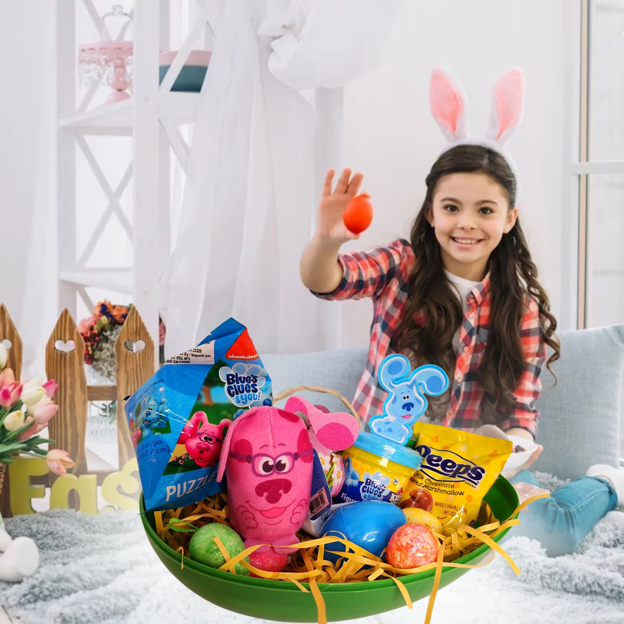 Happy Easter Basket Pre-Filled Surprise Jumbo Egg with Blue's Clues Magenta Plush Toy Kiddy Dough Figure Eggs Candies Gift & Reusable Plastic Egg-Shaped Container Spring Party (Contents May Vary)