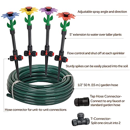 Eden 98063 Multi-Adjustable Flex Design Above Ground Irrigation Garden Sprinkler System, Sprinkler & Hose, DIY Plant Watering Set