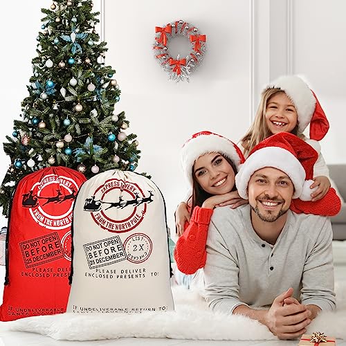 6 Pack Santa Sacks - Large Cotton Canvas Gift Sacks With Drawstrings - Reusable Xmas Stocking & Storage Bags - 27.5