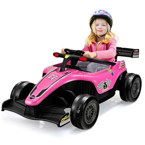 OLAKIDS 12V Ride On Car for Kids, F1 Racing Electric Vehicle for Toddlers with Remote Control, Battery Powered Motorized Toy with Music, Horn, 2 Speeds, Wheels Suspension, LED Lights, MP3 (Pink)