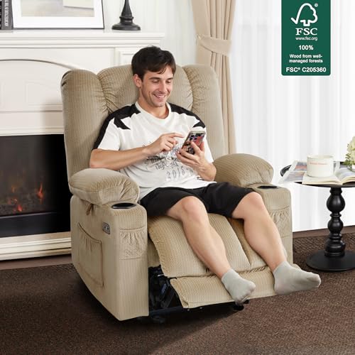 MCombo Zero Gravity Power Recliner Chair with Heat and Vibration Massage, Reclining Chair with USB & Type C Ports, Cup Holders for Living Room, Fabric PR670 (Beige Large 25.5