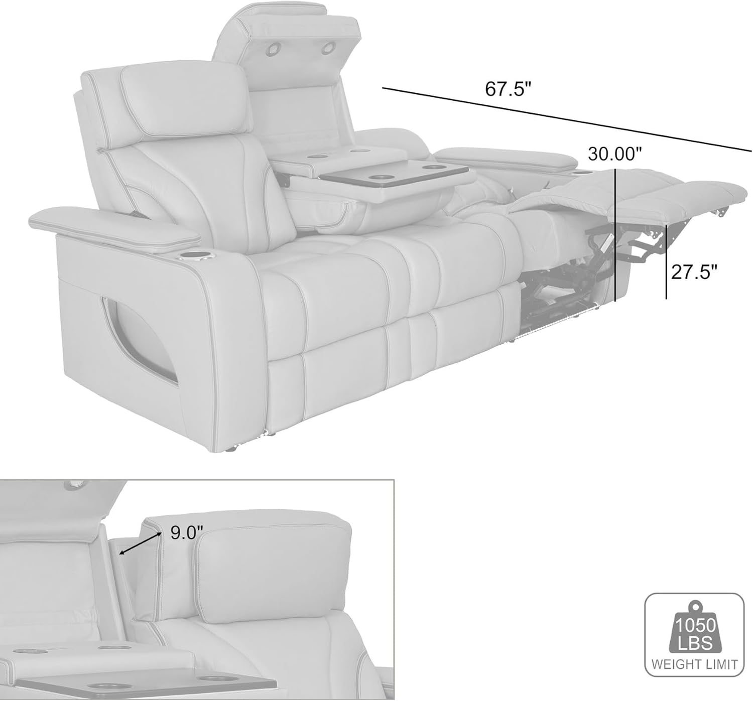 Armen Living Octavia Modern Zero Gravity Power Reclining Heated Massage Sofa, 86