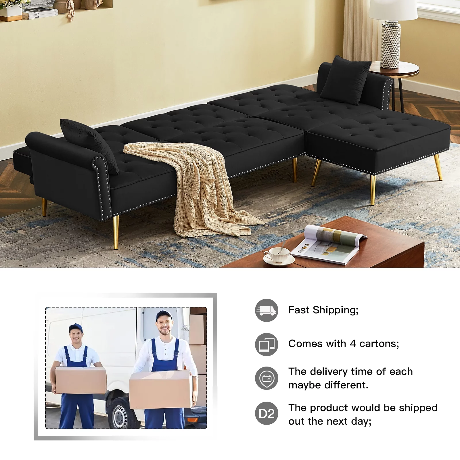 Lecut 110” Velvet L Shaped Modern Reversible Sectional Couch with Removable Ottoman Nailhead Trim 3 Seater Sofa with Metal Gold Legs black