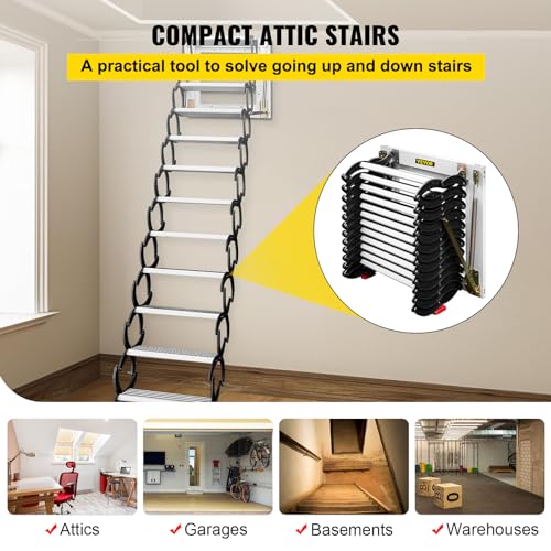 VEVOR Attic Stairs Pull Down 12 Steps, Wall-Mounted Folding Attic Ladder Alloy Attic Steps, Retractable Loft Ladder with Widen Anti-Skid Pedal and Armrests, 9.8FT Height, Blue