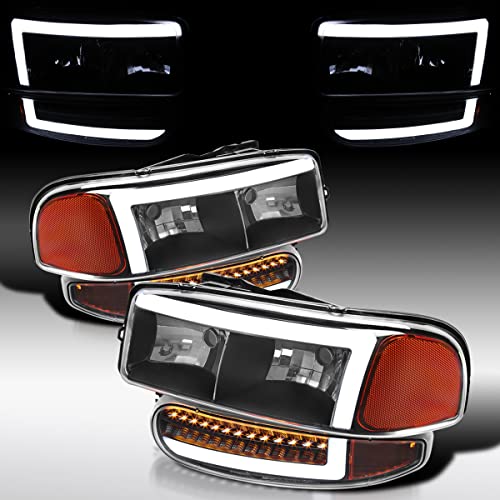 AUTOZENSATION Compatible with 2000-2006 GMC Sierra Denali, Yukon XL Denali, Black Smoke LED Tube Headlights + Sequential Bumper Lights