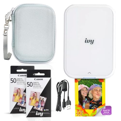 Canon Ivy 2 Mini Photo Printer (Pure White) - Bluetooth, Print from iOS & Android Devices, Bundle Incl. 110 Zink Sticky-Back Prints, LED Light Bar, Protective Case, and USB Cable