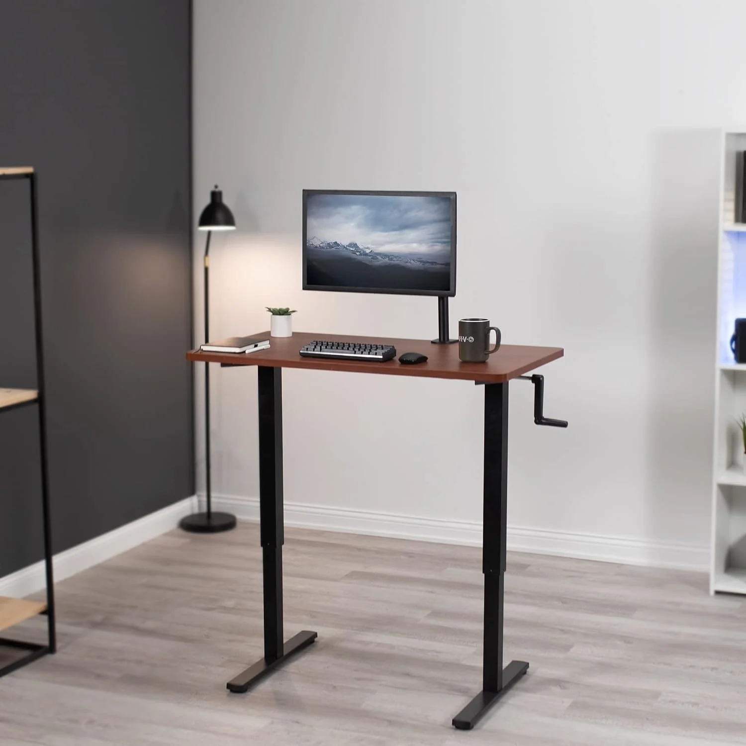 Manual Height Adjustable 43 X 24 Inch Stand Up Desk, Dark Walnut Solid One-Piece Table Top, Black Frame, Standing Workstation With Hand Crank, DESK-KIT-CB4D