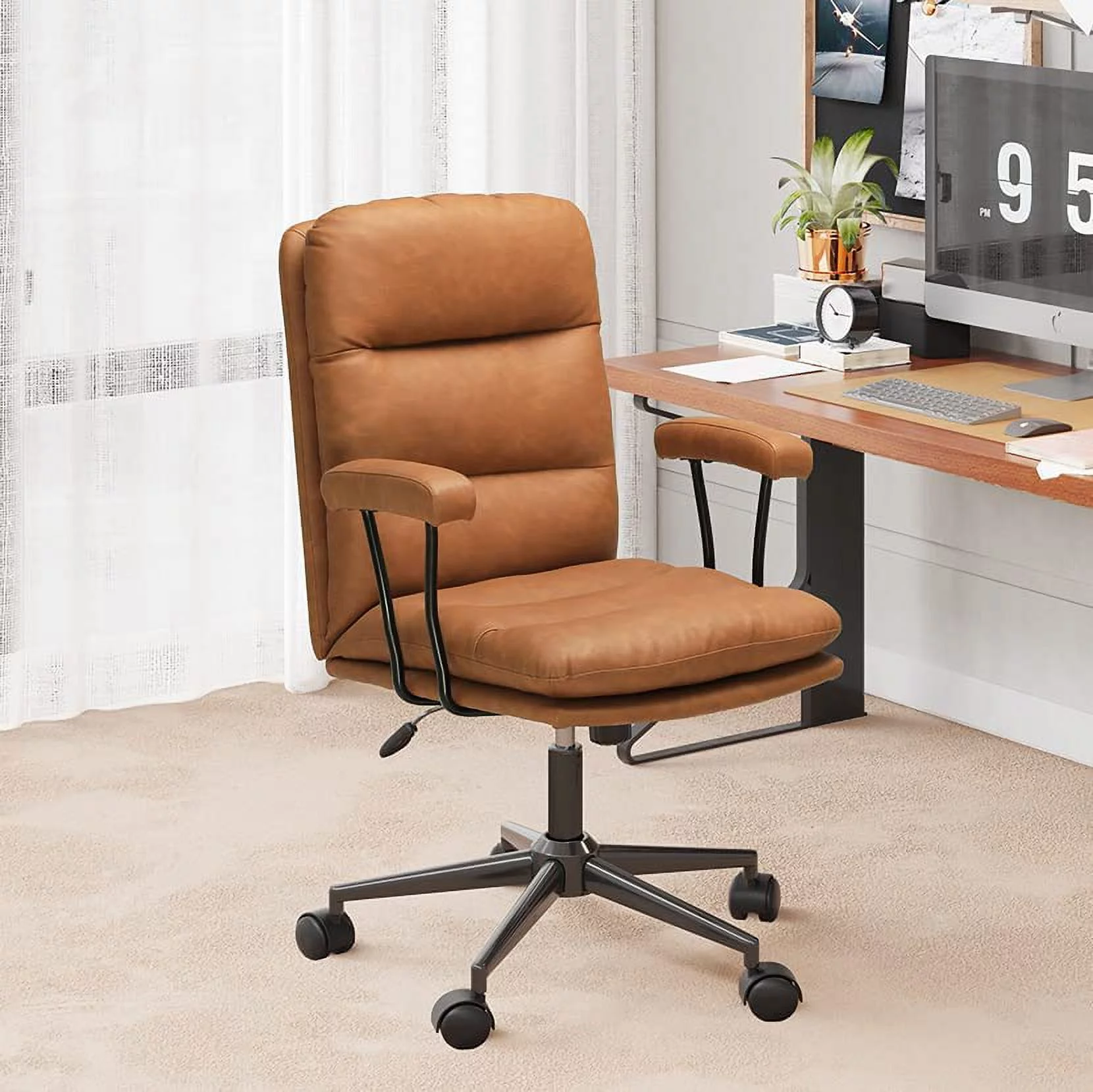 YOJFOTOOU. Leather Office Chair Brown Desk Chair Mid Century Home Office Desk Chair with Arms, Adjustable Back 40°, Capacity 400lbs