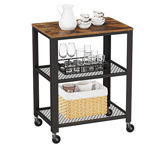 VASAGLE Kitchen Shelf on Wheels, Serving Cart with 3 Shelves, Kitchen Cart, Microwave Shelf, for Mini Oven, Toaster, with 6 Hooks, Industrial Style, Rustic Brown and Black UKKS60XV1