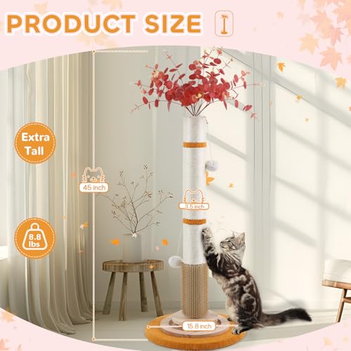45'' Tall Cat Scratching Post,3.5Inch Diameter Sisal Rope Scratching Post for Indoor Cats Adults Kittens,Cat Scratcher with Interactive Ball Toys Self Groomer Brush for Large Cats (pink-45inch)