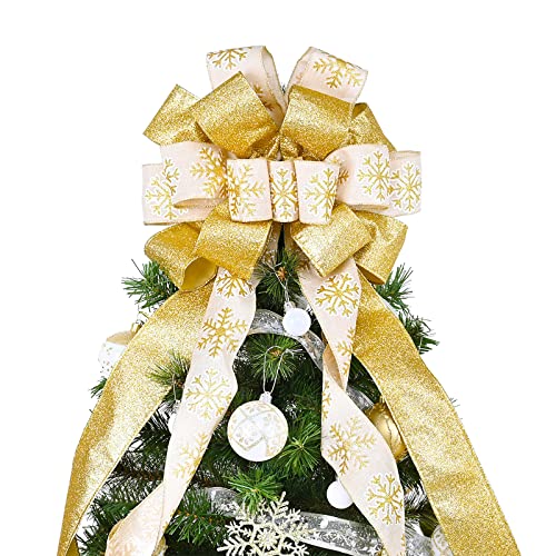 Christmas Tree Topper, 40x13 Inches Toppers Bow with Glitter Satin Mesh Streamer and Patterned Ribbon, Christmas Tree Topper Bow for Christmas Home Decoration (White)