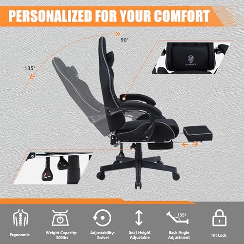 Dowinx Gaming Chair Fabric with Pocket Spring Cushion, Massage Game Chair Cloth with Headrest, Ergonomic Computer Chair with Footrest 290LBS, Black Green