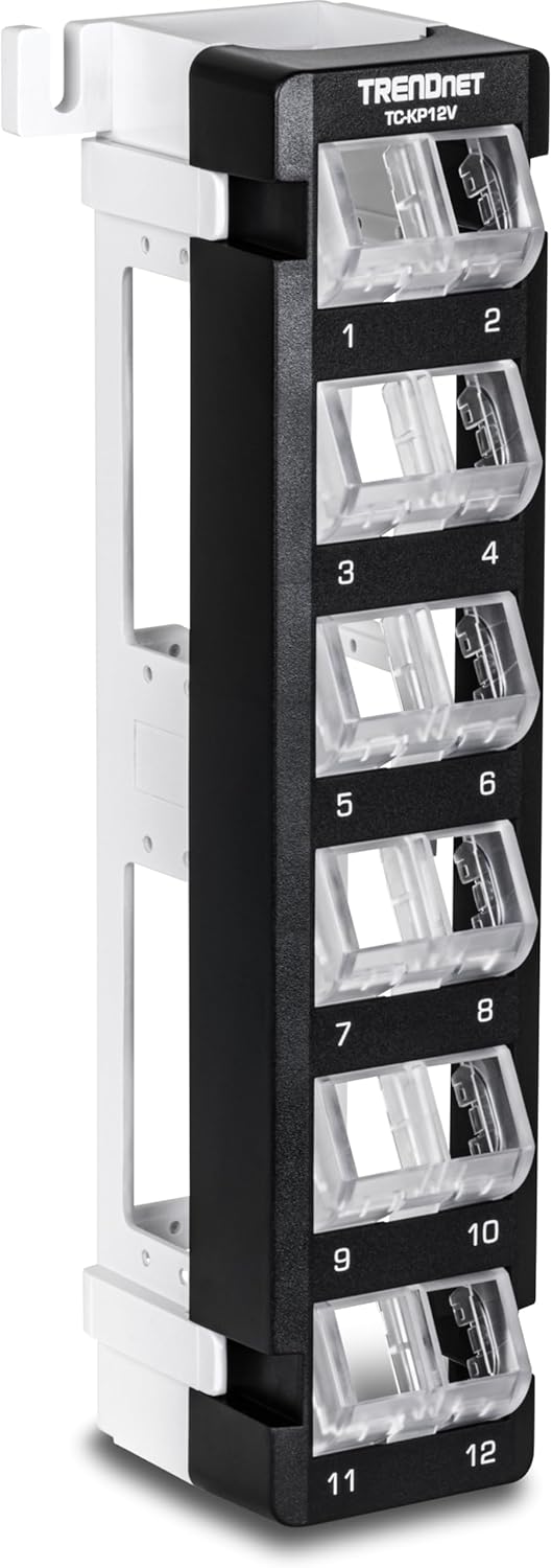 TRENDnet 12-Port Blank Angled Wall Mount Keystone Patch Panel, TC-KP12V, Use with TRENDnet Keystone Jacks (Sold Separately), Snap-in Style, Quick and Easy Access, 89D Wall Mount Bracket Included